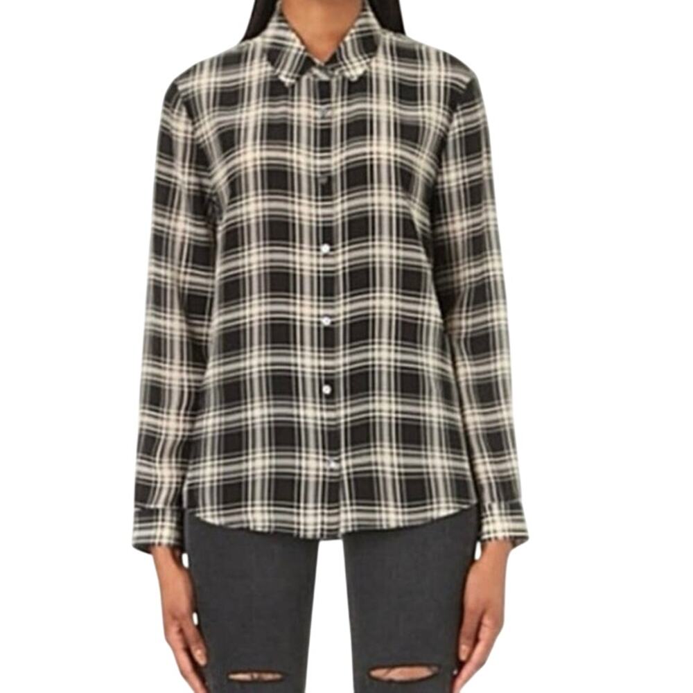 THE KOOPLES Black Beige Plaid Preppy Silk Blouse Button-Down Dark Academia Sz M
